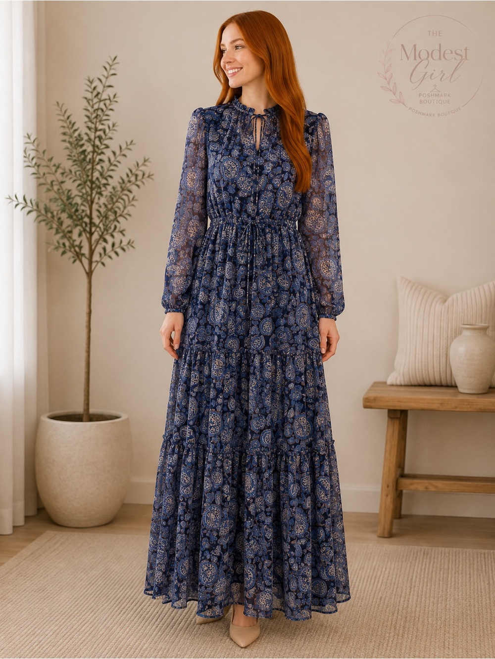 Navy Paisley Long Sleeve Maxi Dress